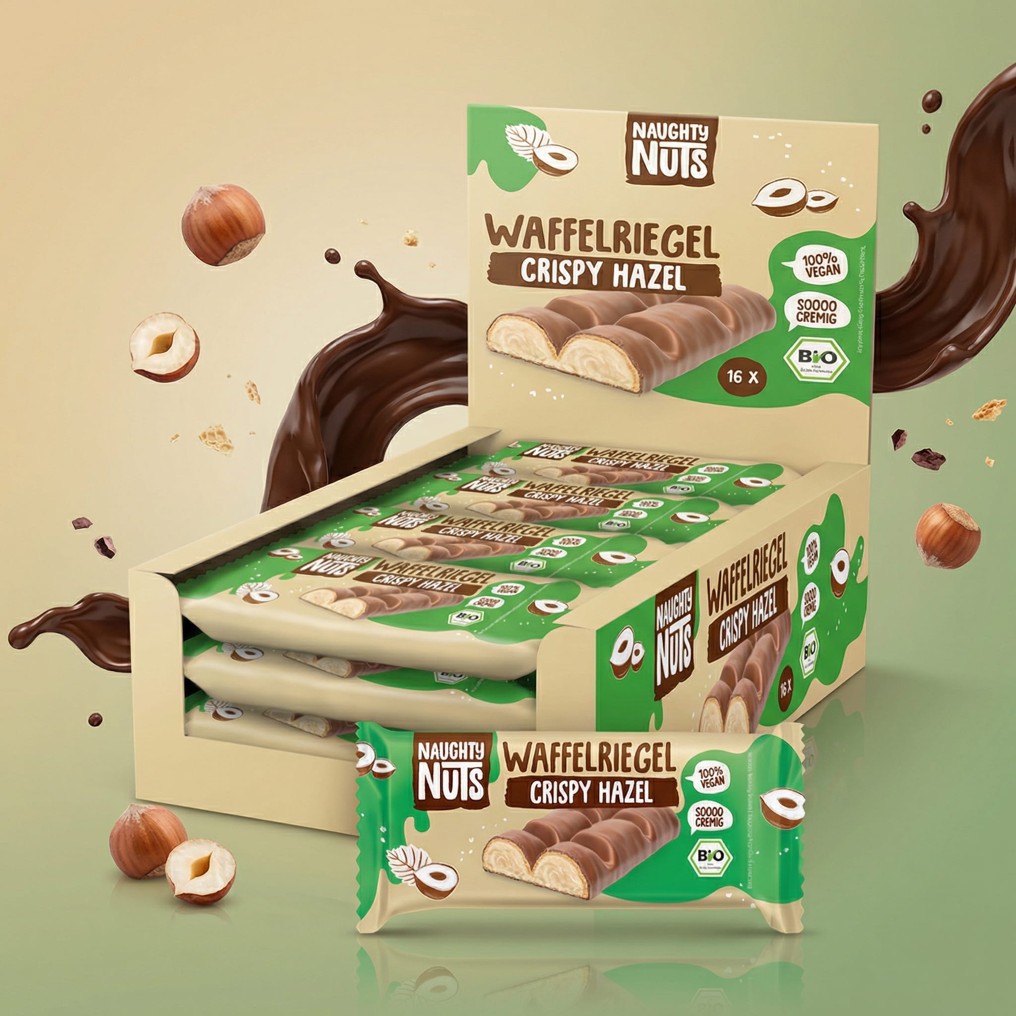 Bio Schoko-Waffelriegel Crispy Hazel Displaybox mit 16 Riegeln und flüssiger Schokolade