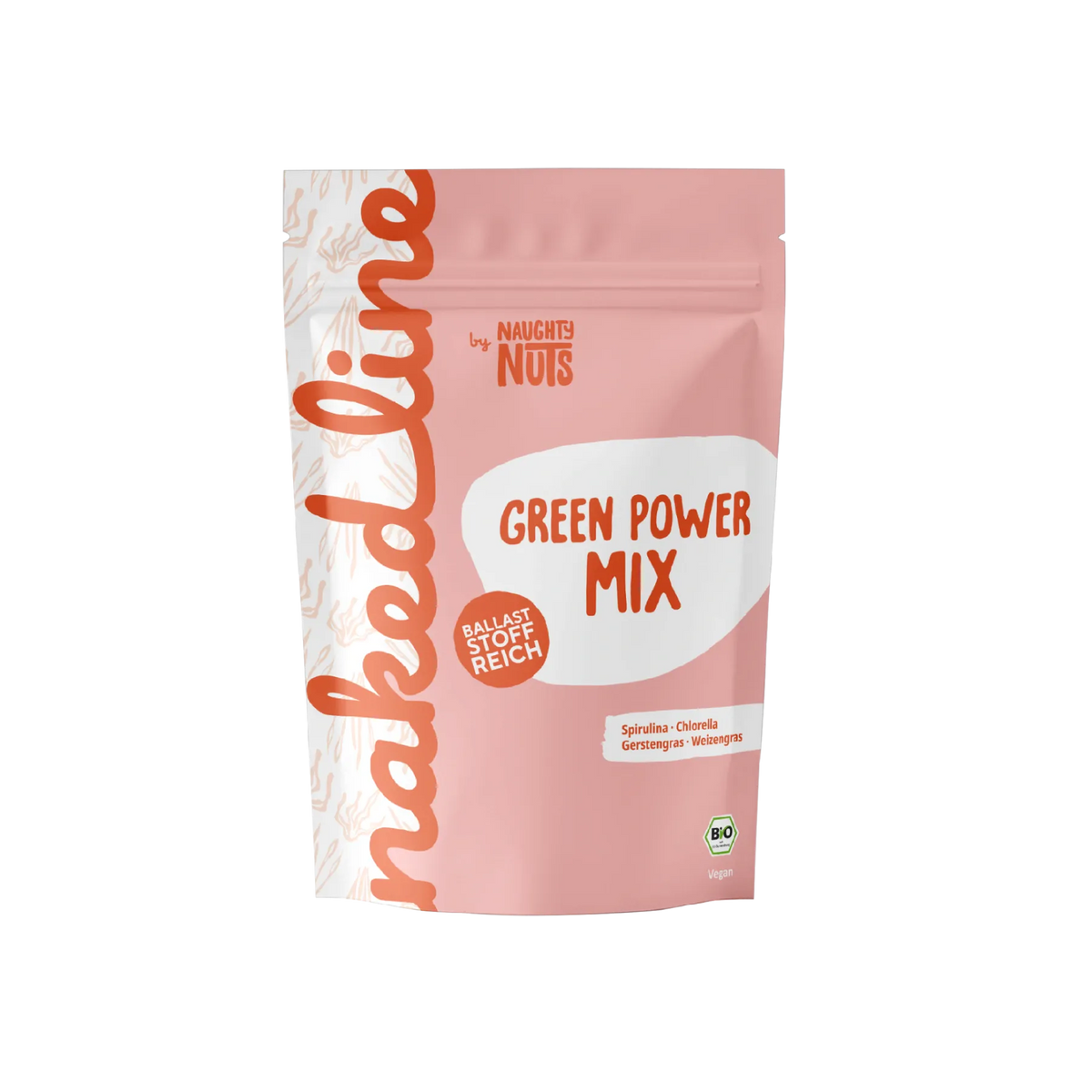 Verpackung Green Power Mix von Naughty Nuts mit Spirulina Chlorella Gerstengras und Weizengras