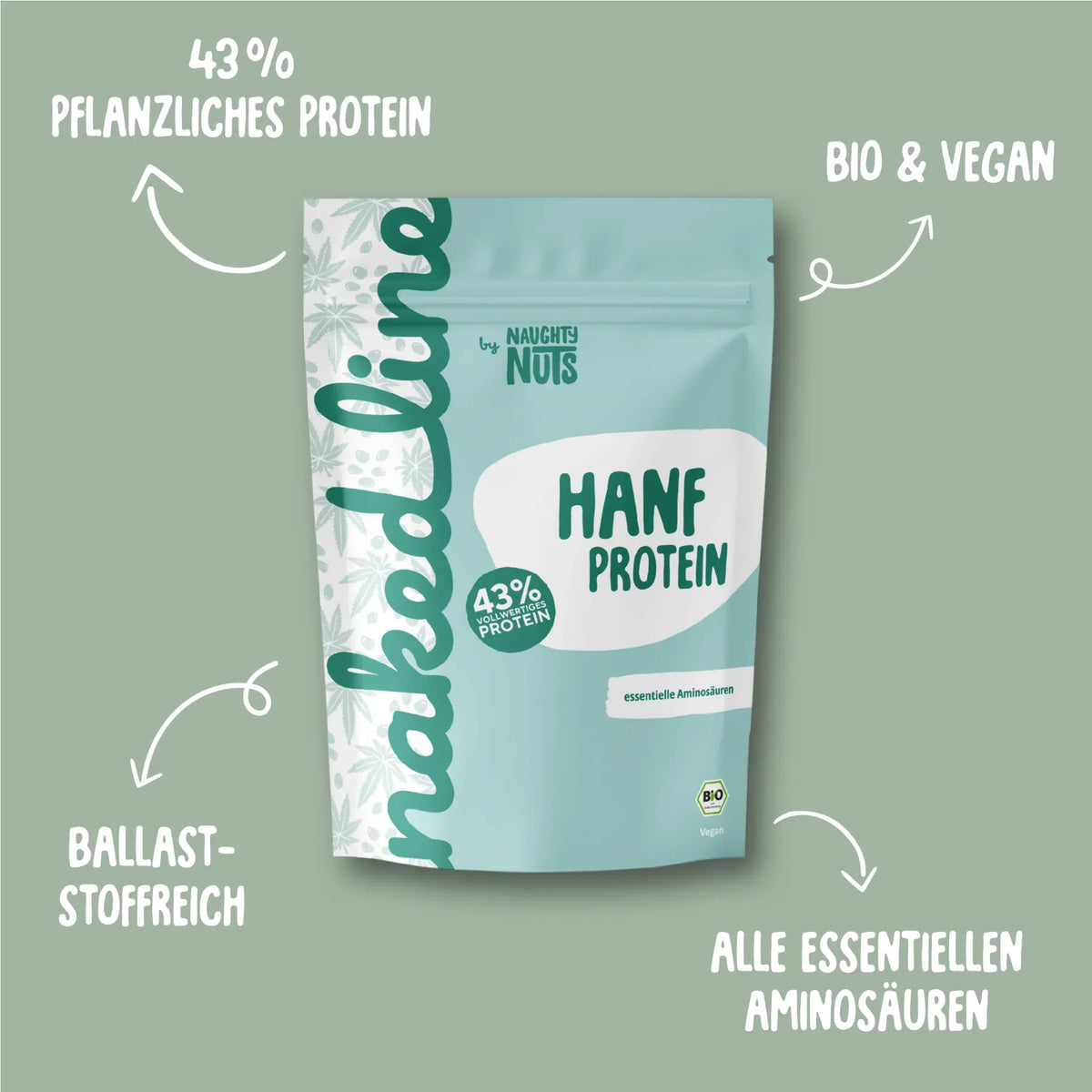 Hanf Protein Beutel mit Hinweisen zu 43 Prozent pflanzlichem Protein, Bio, Vegan, Ballaststoffen und Aminosäuren