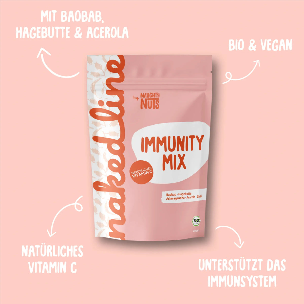 Nakedline Immunity Mix Beutel mit Hinweisen zu Inhaltsstoffen und Bio Vegan Zertifizierung