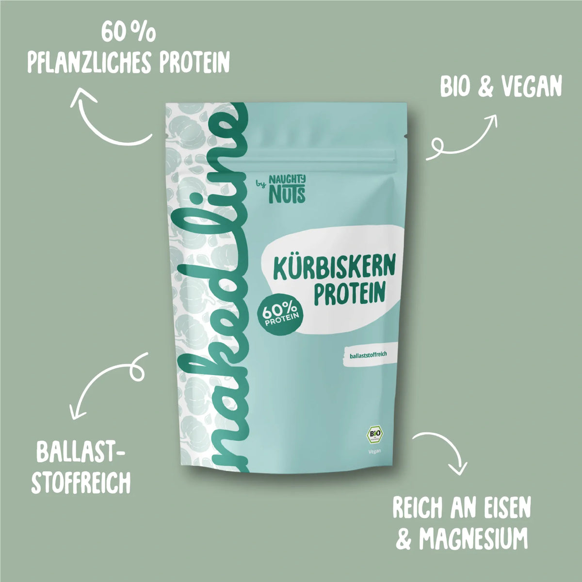Kürbiskern Protein Beutel mit Hinweisen zu Inhaltsstoffen wie 60 Prozent pflanzliches Protein und Ballaststoffen