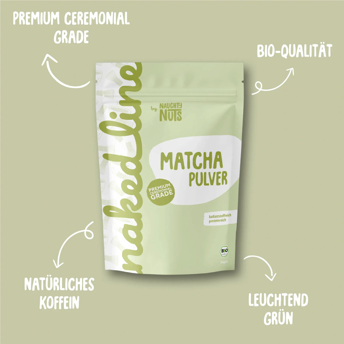 Verpackung von Naughty Nuts Matcha Pulver mit Hinweisen zu Bio-Qualität und Premium Ceremonial Grade