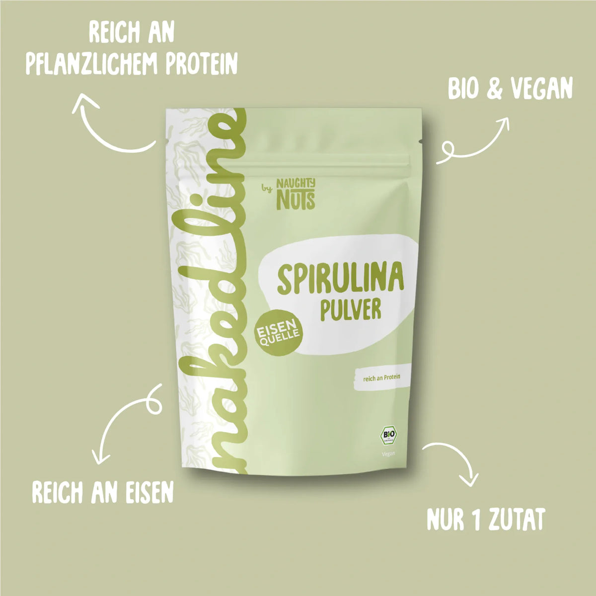 Verpackung von Spirulina Pulver mit Hinweisen zu Bio Qualität, veganer Herkunft, Proteingehalt und Eisenquelle