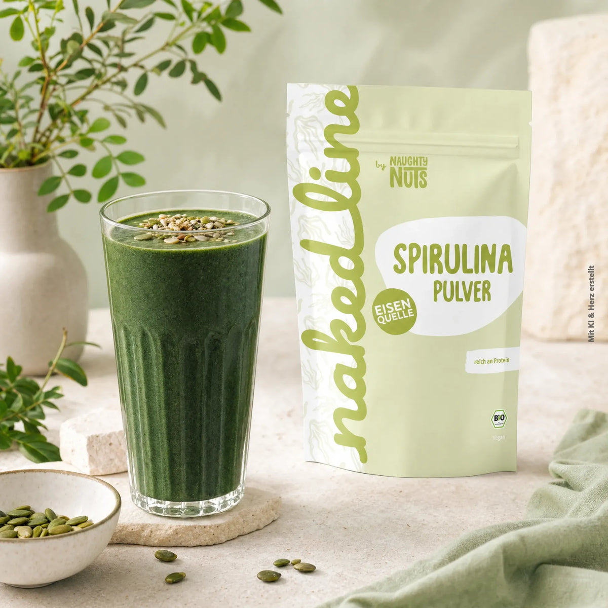 Naked Line Spirulina Pulver neben einem Glas mit grünem Smoothie und Kürbiskernen