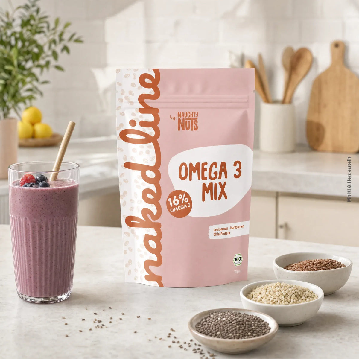 Nakedline Omega 3 Mix Beutel neben einem Beerensmoothie und kleinen Schalen mit Leinsamen Hanfsamen und Chia