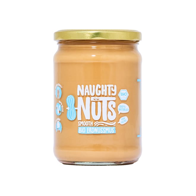 Bio Erdnussmus Smooth 500g Glas mit goldenem Deckel und Naughty Nuts Etikett