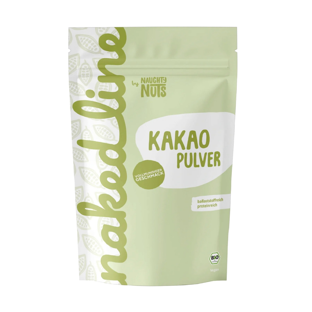 Naughty Nuts Nakedline Kakao Pulver in einer hellgrünen Standbodenbeutel Verpackung