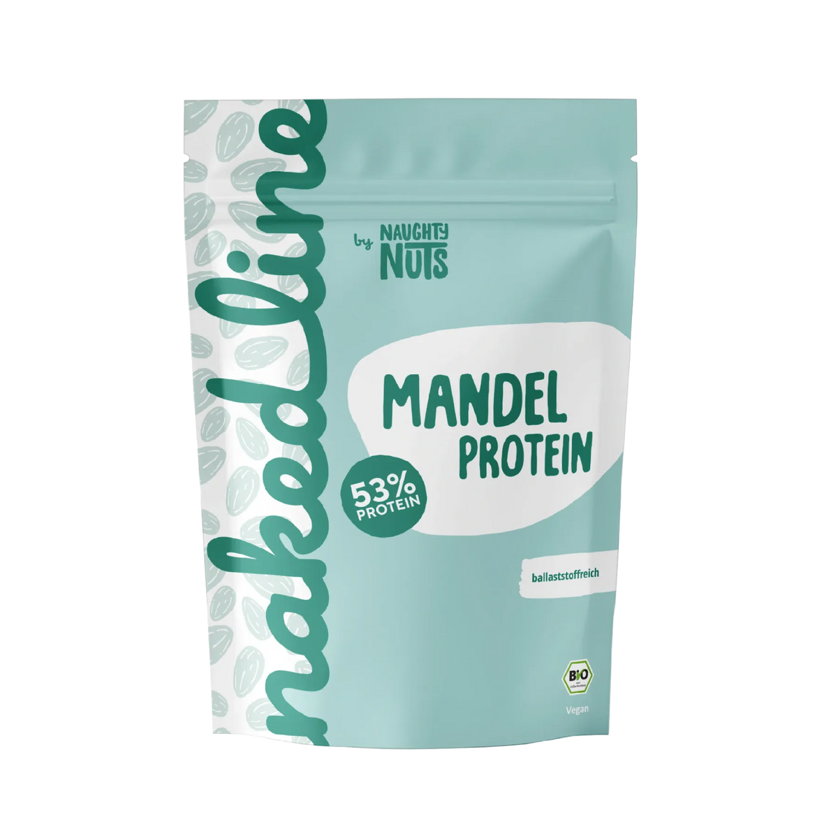 Verpackung von Naughty Nuts Mandel Protein mit 53 Prozent Proteingehalt und Bio Siegel