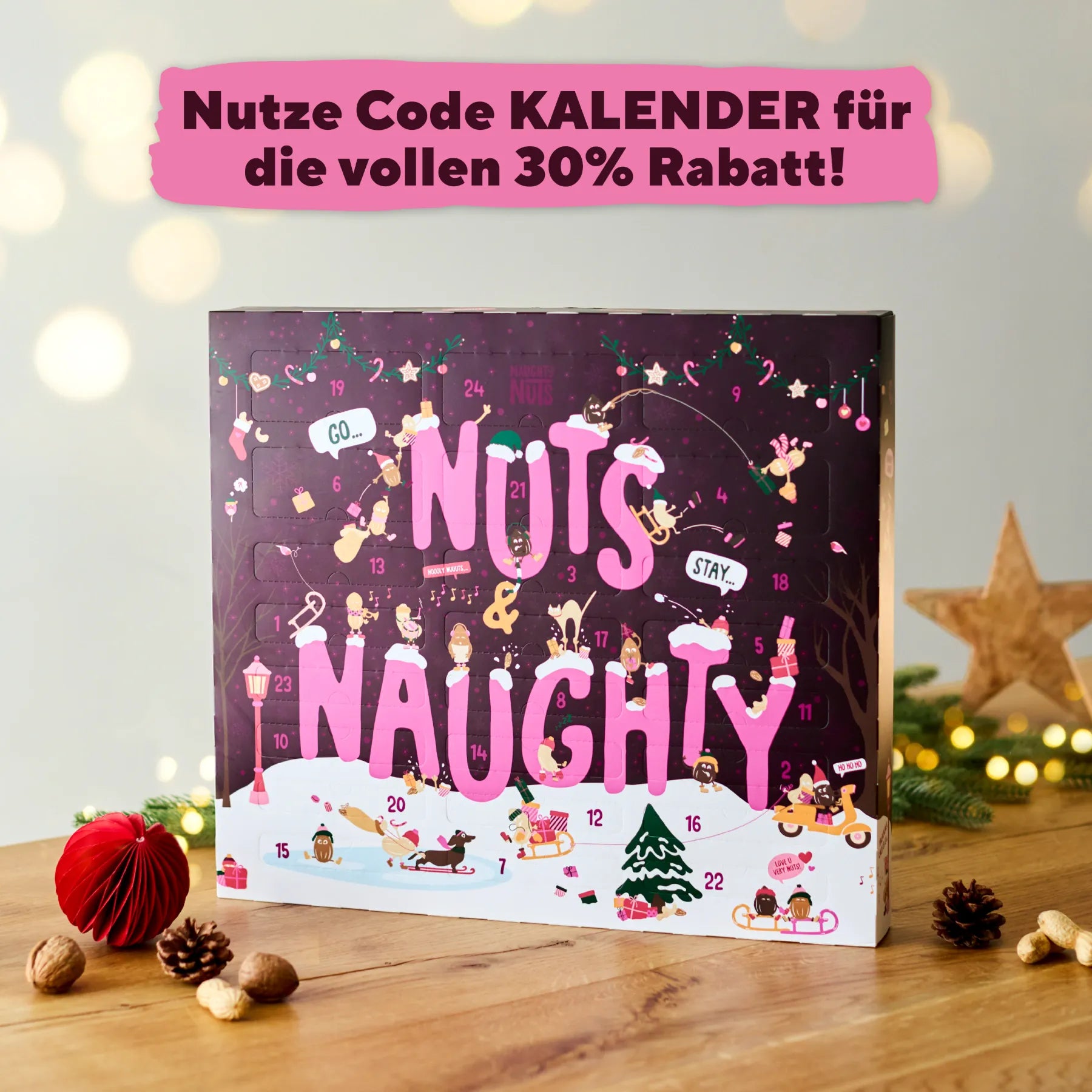 Adventskalender Classic 2026 mit weihnachtlicher Illustration und Rabattcode Hinweis
