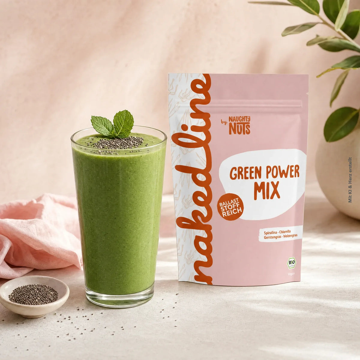 Green Power Mix Pulverbeutel neben einem Glas mit grünem Smoothie und Minzblättern