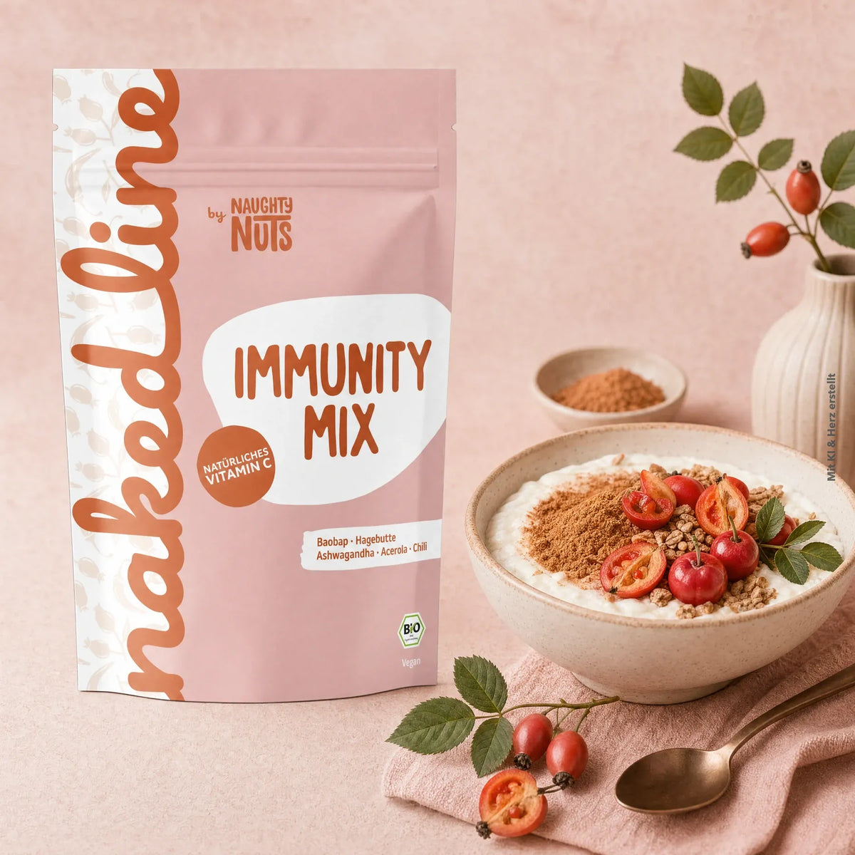 Immunity Mix Beutel neben einer Schale mit Joghurt und Früchten