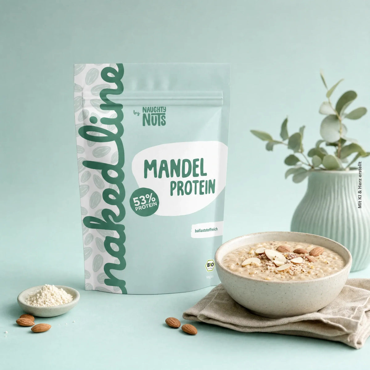 Verpackung von Naughty Nuts Mandel Protein neben einer Schale mit Haferbrei und Mandeln