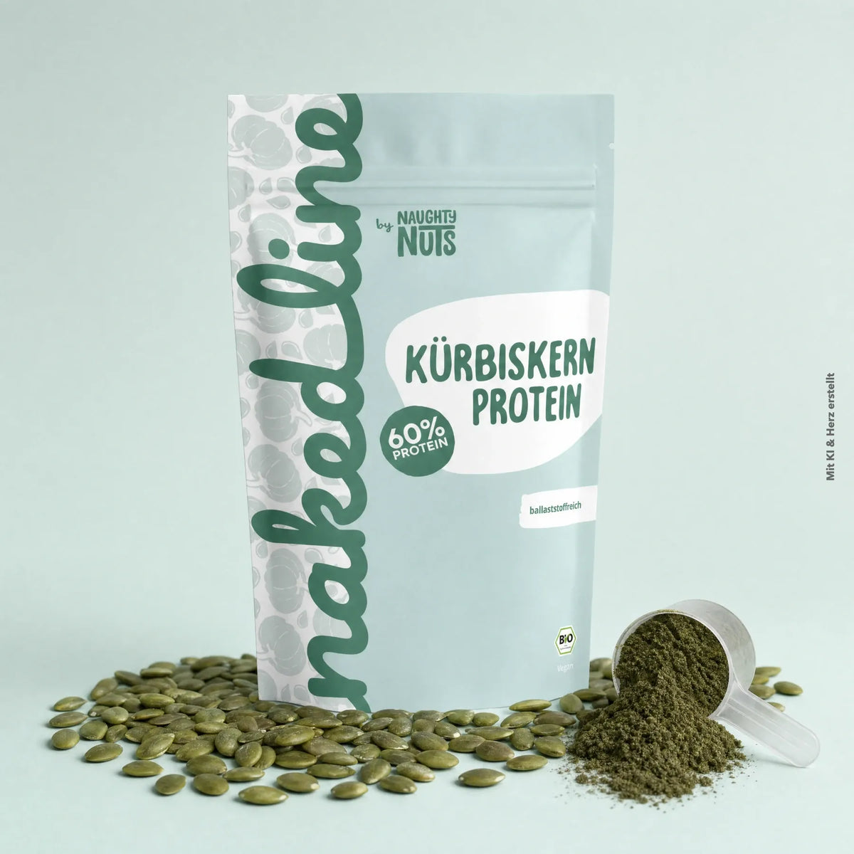 Beutel mit Kürbiskern Protein Pulver umgeben von Kürbiskernen und einem Messlöffel