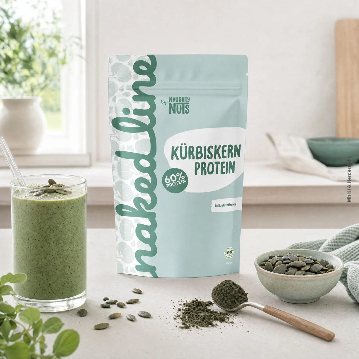 Naughty Nuts Kürbiskern Protein Beutel neben einem Glas mit grünem Smoothie und einer Schale mit Kürbiskernen