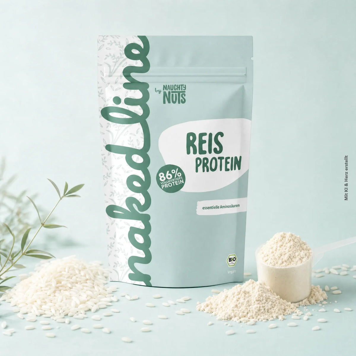 Verpackung von Nakedline Reis Protein mit Reis und Messlöffel auf hellblauem Hintergrund