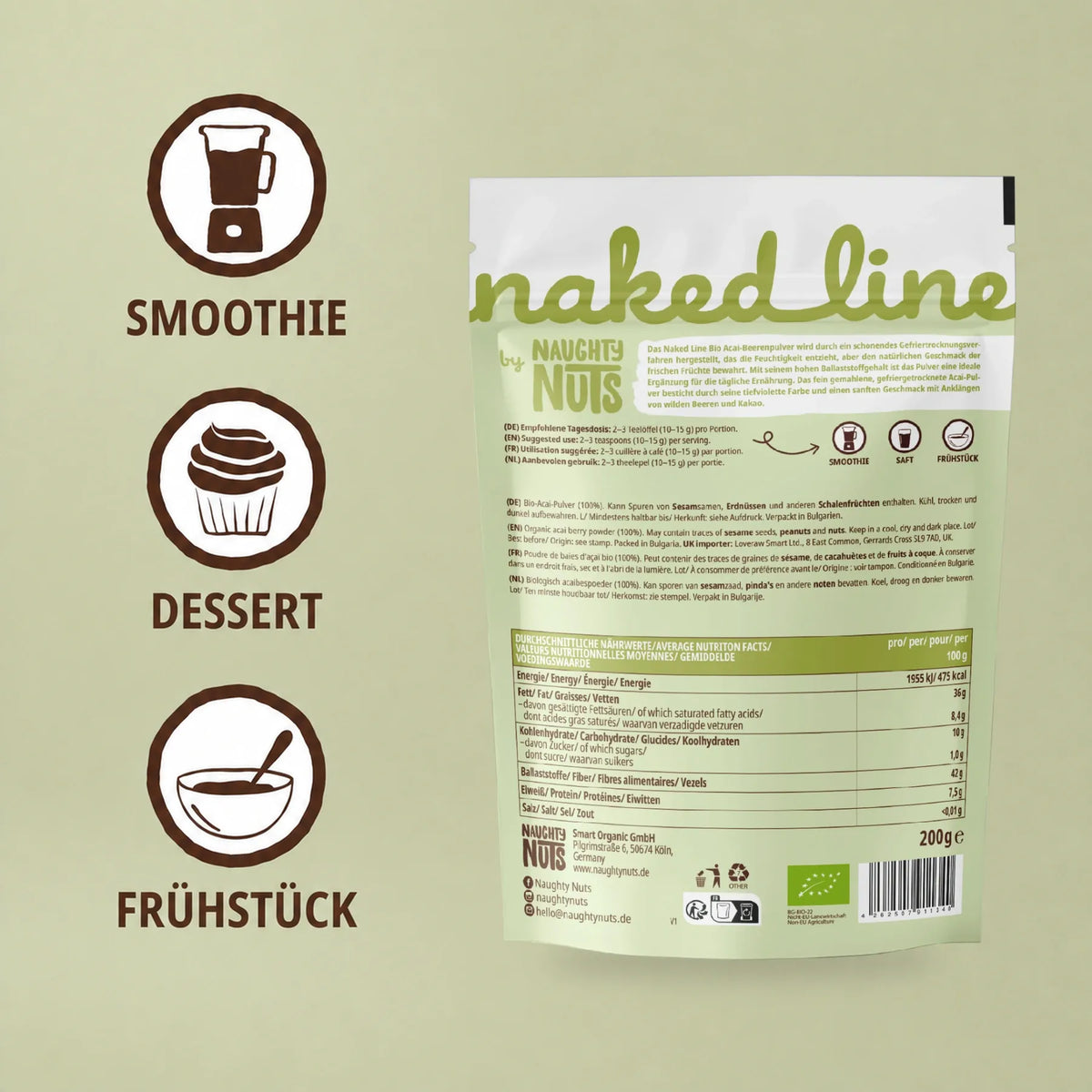 Rückseite der Acai Berry Pulver Verpackung mit Nährwerttabelle und Anwendungshinweisen