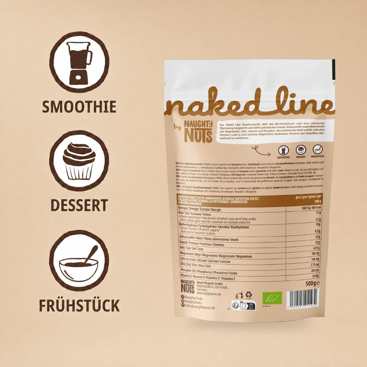 Rückseite der Haselnuss Mehl Verpackung mit Nährwerttabelle und Anwendungssymbolen